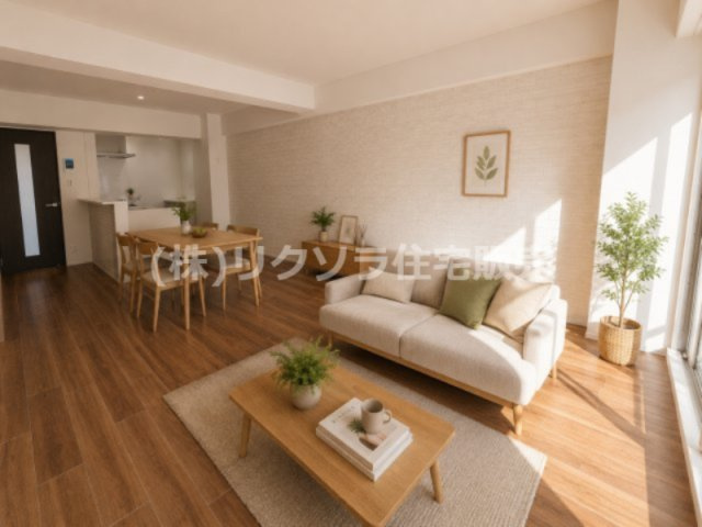 寝屋川コーポラスの居間・リビング|LDK17.5帖　※この画像はAIによるバーチャルステージング画像です。
実際の物件には家具・インテリアは含まれません。
■物件内覧・資金計画相談・住宅ローン相談、リフォーム相談、お問合せ受付中■