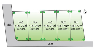 【土地図】 | グランファミーロ西広　土地　五井駅 | 南道路に面した陽当たり良好な全5区画！
①1190万円　199.77㎡　②1240万円　199.78㎡　③1460万円　199.78㎡　
④1450万円　199.78㎡　⑤1750万円　199.77㎡