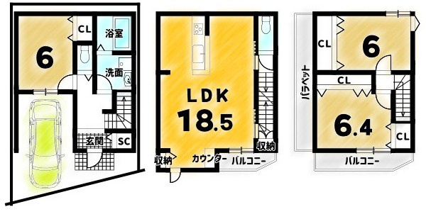 桂野里町１号地の参考プラン|建物プラン例(１号地)3LDK、土地価格3000万円、土地面積51.74m2、建物価格1999万円、建物面積91.13m2