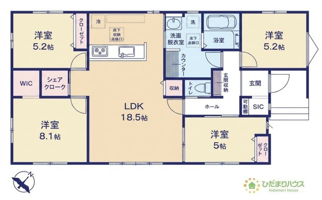【間取り】 | つくば市要4期　新築戸建　4号棟 | 8.1帖の広々寝室には大容量Ｗ.Ｉ.Ｃ付き(^^♪
（4号棟）