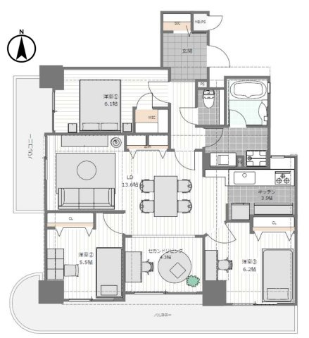 【間取り】 | ハイネスプリモール城東 | 中古マンション　3LDK　専有面積：88.18平米　バルコニー面積：22.56平米　南向き