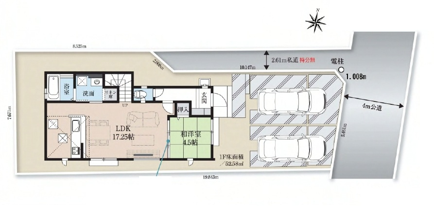 東村山市富士見町4丁目・全3棟　新築一戸建の区画図|並列駐車2台可能です。