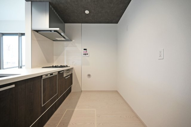 テラシエ花屋敷つつじガ丘新築一戸建て│4LDK+並列駐車2台可のキッチン|キッチン後ろのスペースも広く、ご入居後に設置するカップボードの幅も広がります。特にLDKが広い住宅の場合はカップボードなどのメインインテリアを大きくするとバランスが良くなります。