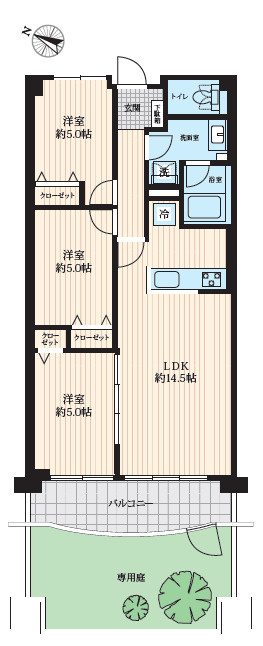 大宮公園ロジュマンの間取り|3LDK、専有面積68.67㎡の機能的な空間。約14.5帖のLDKに加え、全居室にエアコン設置が可能です。17㎡の専用庭は 、趣味や子育ての場として戸建て感覚で楽しめます。