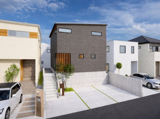 【外観パース】 | 京都市伏見区桃山町遠山　2区画A号地　建築条件付き | アトリエ仕様の窓はペアガラス、サッシはアルミ×樹脂複合のハイブリットサッシを採用。ガラスの間には断熱性の高いアルゴンガスを充填しておりますので、より断熱性能が高まる仕様になっております。