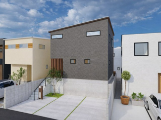 【外観パース】 | 京都市伏見区桃山町遠山　2区画A号地　建築条件付き | お客様のお好みに合わせて、外観デザインも一緒に作り上げていきます。「ひと目で分かるアトリエの家」をコンセプトに、木・金属・吹抜けを組み合わせ”あなたらしさ”を表現できる外観づくりが可能です。