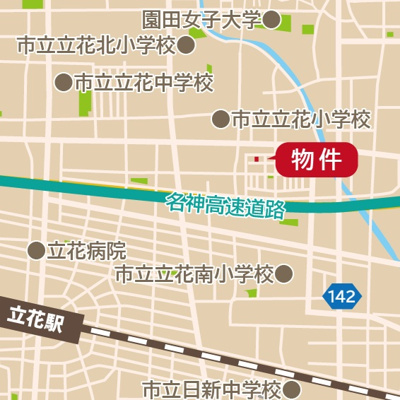 【地図】 | 大西町2丁目土地 | 《周辺施設》
立花南小学校徒歩8分　
立花中学校徒歩13分
サンディ徒歩6分
ライフ徒歩8分
ワッツ（100均）徒歩6分