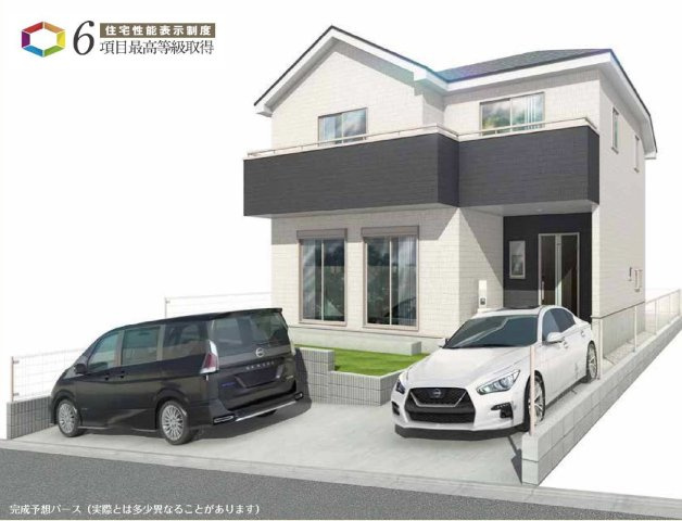 【穏やかな中白根の街並みに佇む】南向きの明るさと前面4.5m道路の開放感、ゆとりある4LDK｜仲介手数料無料の外観パース|シンプルで洗練された外観デザイン。落ち着いた色合いとバルコニーのアクセントが街並みに映え、長く愛着を持てる住まいです。