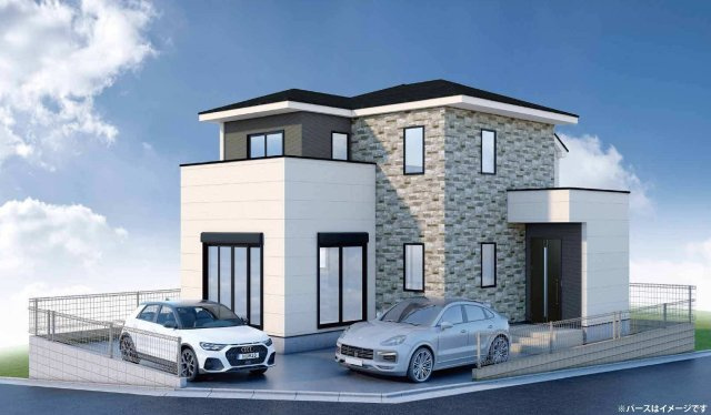 「金が谷の整った街並みに映える東南角地」23帖LDKのゆとりある住まい|仲介手数料無料の外観パース|落ち着いた色合いと素材感が調和した、洗練された外観デザイン。街並みに自然と馴染みながらも、存在感を放つ佇まいです。