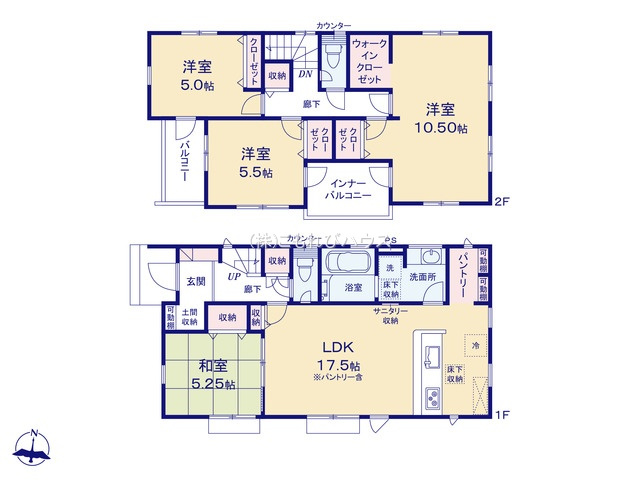 上尾市瓦葺　新築一戸建て　ブルーミングガーデン　01の間取り|【全2棟・1号棟】上尾市瓦葺　新築一戸建て　ブルーミングガーデン　01・4LDK・土地面積194.84m2・建物面積111.37m2