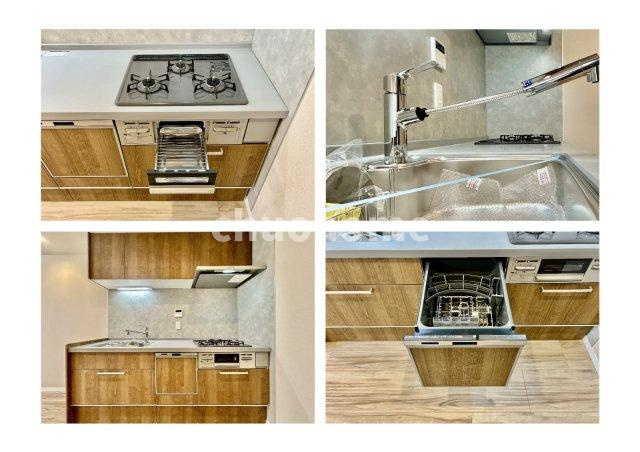 エンゼルハイム立石のキッチン|【システムキッチン】ワイドで収納豊富な使い勝手の良いシステムキッチンには、食洗器・伸縮タイプのキッチン水栓、三ツ口コンロ・魚焼きグリルなどの便利な設備が標準完備されています。