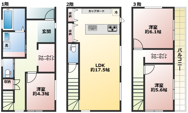 【間取り】 | 明石市野々上2丁目 | 17.5帖のゆとりあるLDKは、家族が自然と集まる心地良い空間です♪家族みんなで使えるファミリークローク2ヵ所設置！