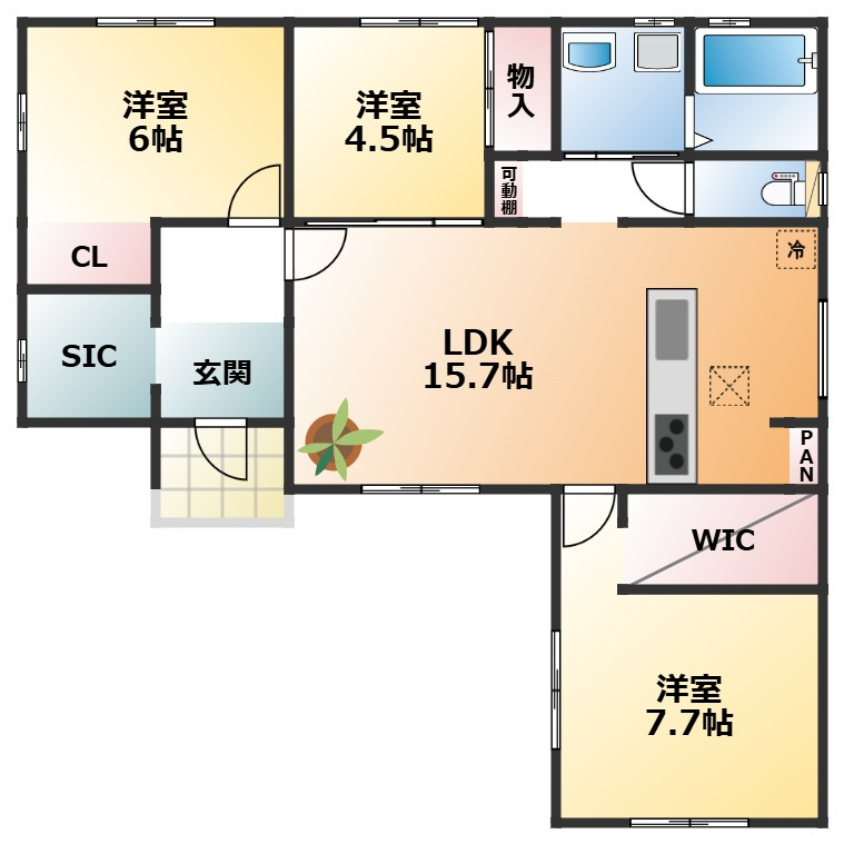 ワイウッドコート宇都宮市下川俣町第1期の間取り|南向きで陽当たりの良い平屋の間取りです