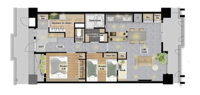 シャトーサンパークスクエアの間取り|中古マンション　2LDK　専有面積：69.69平米　バルコニー面積：9.83平米　東向き