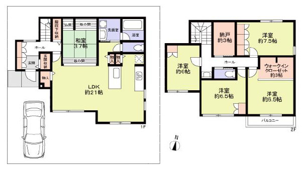 練馬区下石神井2丁目　ゆとりの間口×綺麗な整形地　建築条件なしの参考プラン|5LDK+納戸+土間収納+WIC+パントリー+カースペース　敷地面積 146.83ｍ2　建物面積 130.00ｍ2
