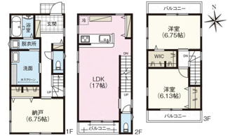 【間取り】 | 南区宇品神田４（宇品神田3丁目電停）全2区画　NO1【外構込み】 | 17帖リビング☆☆各居室に収納☆納戸☆バルコニー×2☆駐車2台☆2階リビング☆３SLDK