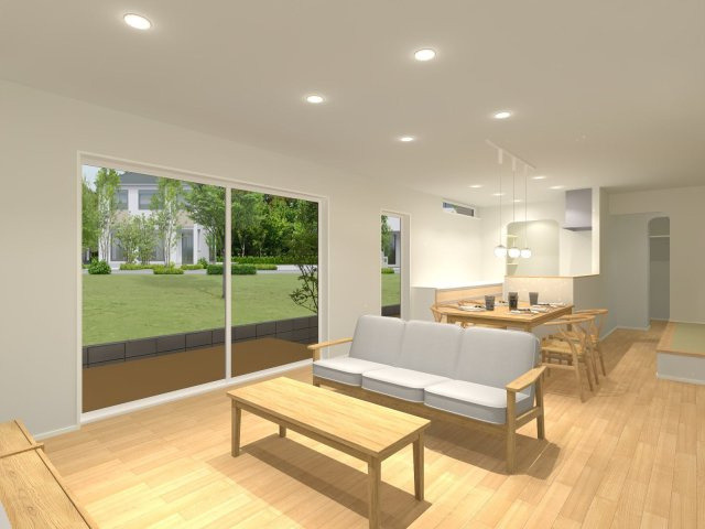 【完成予想図】 | 【NEXT-STEP HOME】▼△まるで注文住宅のような建売▼『大屋根と1階完結型の家』△▼ | ◆考え抜かれた家事ラク動線が魅力です◆キッチン奥にはパントリーがあります◆独立脱衣所の隣にはウォーインクローゼット、ウッドデッキへの出入りができるランドリールームがあり、洗濯が楽になる動線です◆