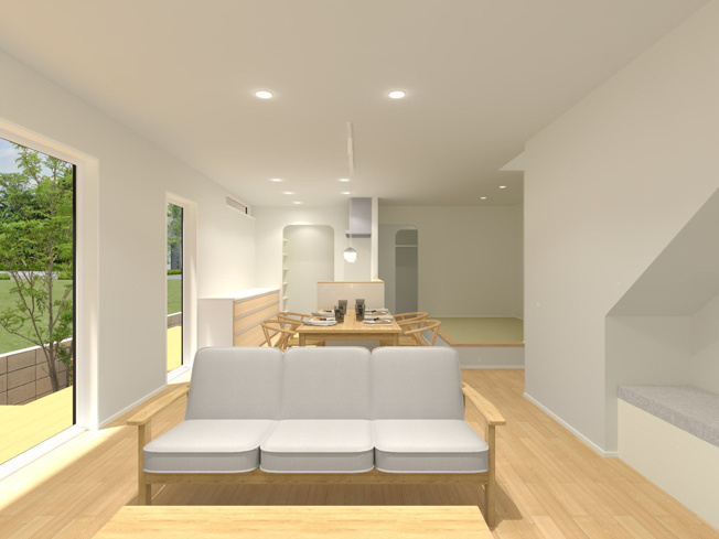 【居間・リビング】 | 【NEXT-STEP HOME】▼△まるで注文住宅のような建売▼『大屋根と1階完結型の家』△▼ | ◆キッチン前には3帖のタタミスペースを設けました◆キッチンからもよく見えるので、お子様のお昼寝場所としてもピッタリです◆