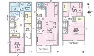 【間取り】 | 西区東観音町（全3区画）3号棟　 | 3LDK＋ファミリークローク完備の3階建。2階LDKは17.7畳のゆとりある広さを確保し、上下階にルーフバルコニーを設けた開放的な設計です。1階には大型の収納空間があり、生活動線に配慮されています。