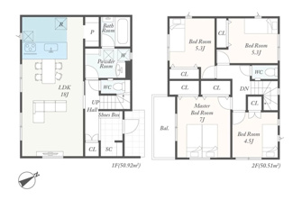 【間取り】 | 緑区下九沢  2号棟 第4 | 4LDK　都市ガス　網戸標準仕様　シャッター2箇所付　Ｗロックタグキー（電池錠）　宅配BOX付機能門柱　食洗器・浄水器　浴室乾燥機　全居室収納　パントリー　SC　LDK18帖