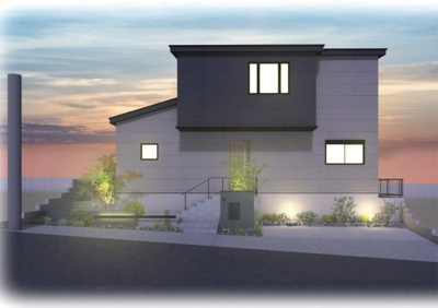 【外観パース】 | 【NEXT-STEP HOME】●〇まるで注文住宅のような建売●『１階完結型の家』〇● | ◆待望のコンセプトハウス『１階完結型の家』◆２階の一部を道路側に持ち出した外観が特徴です◆