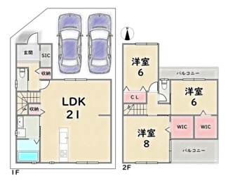 【参考プラン】 | 下京区七条御所ノ内西町　建築条件付 | 《参考プラン》建物価格：2100万円　延床面積：98.82平米（1F:52.65平米　2F:46.17平米）
