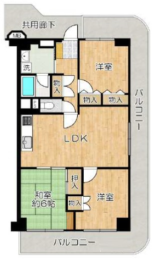 【間取り】 | 新大阪第１グリーンマンション | 三方角部屋・引き回しバルコニー・全居室収納有