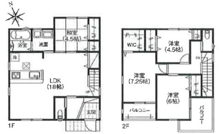【間取り】 | 西区南観音8丁目　全6区画　NO2【外構工事込】 | 18帖リビング+続き和室4.5帖☆２階３室☆ファミリー4LDK☆クローゼット☆ウォークインクローゼット☆南向き2面バルコニー♪