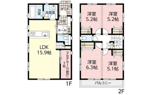 【間取り】 | カーサ・ヴェルディ峰高2丁目　全2区画　NO1 | 15.9帖のLDKに加え、3帖のマルチルーム（納戸）を備えた4SLDK。2階の4つの洋室は全室収納付きで、家族それぞれのプライベート空間を確保した設計です。南側にバルコニーがあり、日当たりも良好です。
