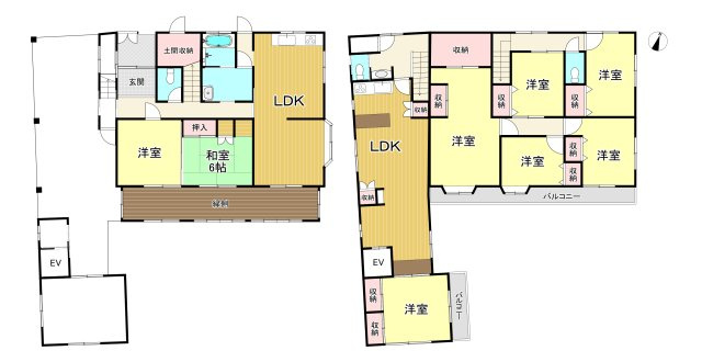 半田市亀崎高根町2丁目の間取り|7LDK+土間収納（母屋）、1LDK+エレベーター（離れ）