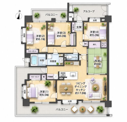 【間取り】 | ランドゥール久留米サウスステージ☆仲介手数料無料☆ | ※本図に表示されている家具・家電・照明・インテリア・観葉植物等は、AIによる配置イメージです。実際には設置されておらず、売買対象にも含まれません。図面と現況が相違する場合は、現況を優先いたします。