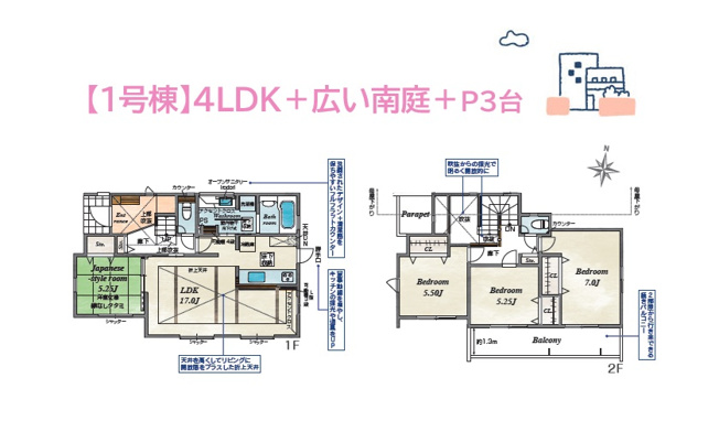 【間取り】 | 家族団らんにピッタリな広々LDKが魅力的なゆとりの4ＬＤＫ◎
リビング繋がりの和室は育児・家事にピッタリ！
洋室仕様の縁なしタタミを採用し、違和感なくフローリングに馴染みます♪