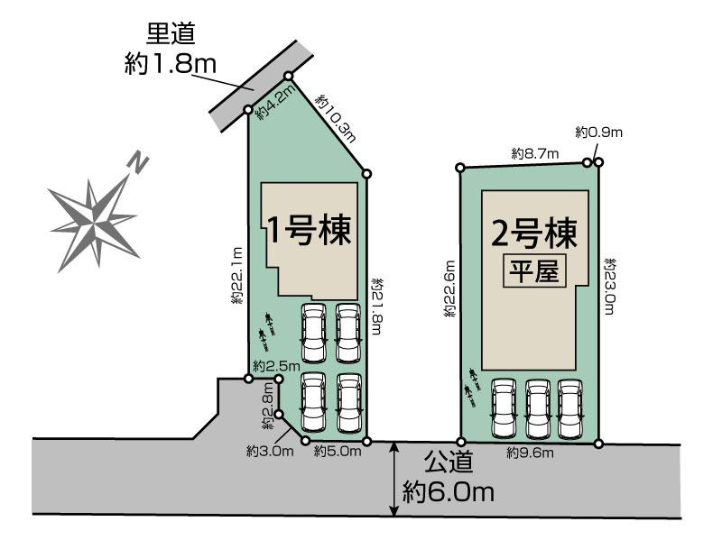 泉南市男里７丁目新築住宅２号棟の区画図|２号棟　広々としたカースペースで３台駐車可です