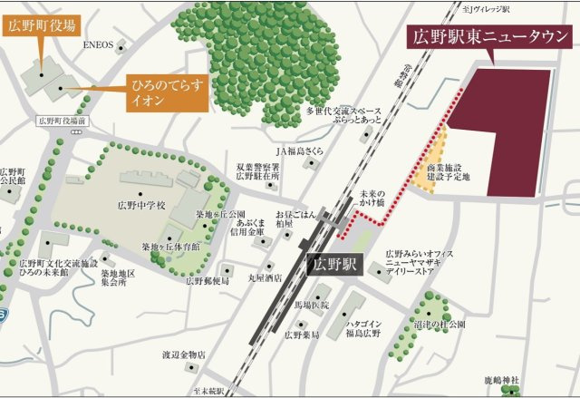双葉郡広野町駅東ニュータウン分譲地A３　陽当たり良好！閑静な住宅地 建築条件なし不動産プラスの地図|JR広野駅と広野駅東ニュータウンを中心とした周辺地図になります。生活に便利な商業施設や学校など集中した利便性の高く災害に強い街づくりが特徴です。子育て世代に安全で便利な街造りがされております。