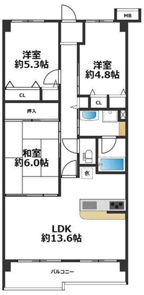 コープ野村高取台の間取り|南東面ＬＤＫ＋隣接和室、間仕切りを開放すれば計19.6帖のスペースに！

