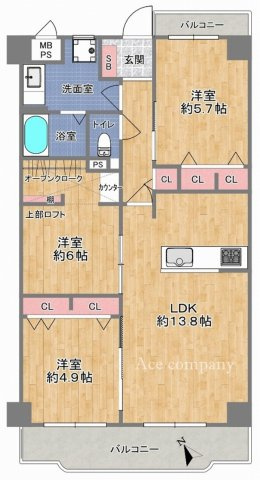 【間取り】 | ライフコートフドウ育和公園ハイツ | 【角住戸☆階下住戸無し！全洋室3LDK♪室内水廻り設備一新！建具新調、全面リフォーム済み☆安心の新調設備保証付き☆食洗機＆浄水器・浴室乾燥機・TVモニターホン完備☆南西向きバルコニー☆】