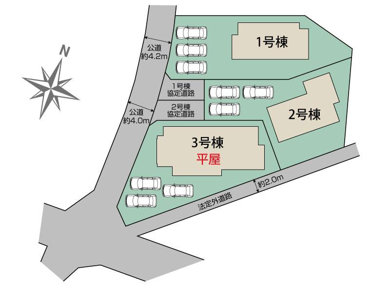 新築　高崎市新町　Blooming　Garden　3号棟の区画図|3号棟　区画図　西側接道幅員約4ｍ　南側接道幅員約2ｍ

