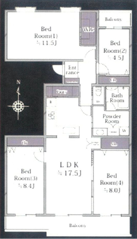 エストラーセ長池の間取り|【間取り】
4LDK、価格3080万円、専有面積112.52m²、バルコニー面積14.77m²