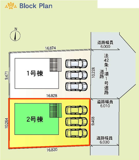 【区画図】 | 新築　前橋市大利根町第2　クレイドルガーデン　2号棟 | 2号棟　区画図　東側接道幅員約6ｍ
