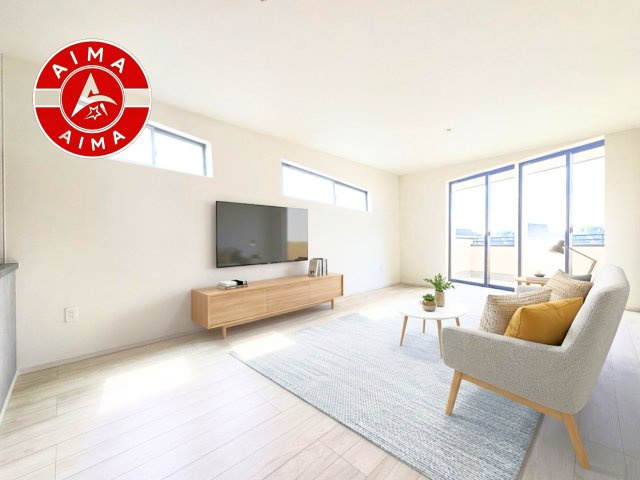 福岡市博多区南本町1丁目第1-2棟（1号棟）　の内観：施工例|キッチンからリビングをしっかり確認できます。家族の笑顔があふれる空間になりそうですね。※家具はCGを合成したものです。