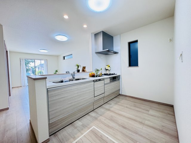 松戸市和名ケ谷新築戸建のキッチン|お手入れしやすいレンジフード・シンクの水栓には浄水器がついてます！