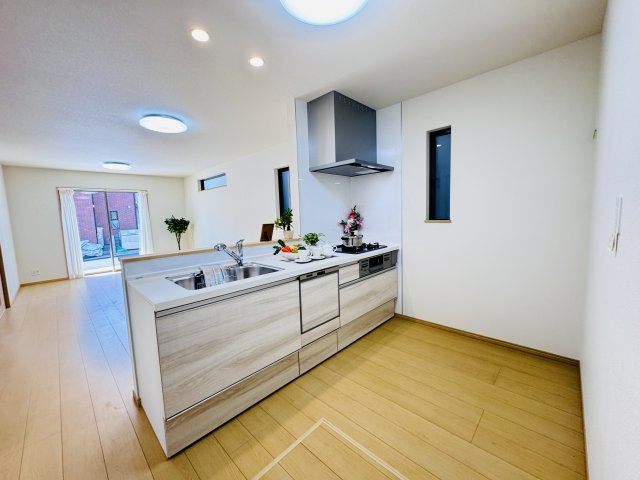 松戸市和名ケ谷新築戸建のキッチン|お手入れしやすいレンジフード・シンクの水栓には浄水器がついてます！