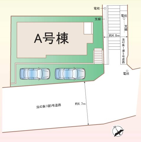 【陽当たりで失敗したくない】一日を通して明るさが続く、静かな住宅地の一邸の区画図|南西6.7m×南東4.0m道路の角地。開放感と陽当たりに優れ、並列2台駐車可能なゆとりある区画。