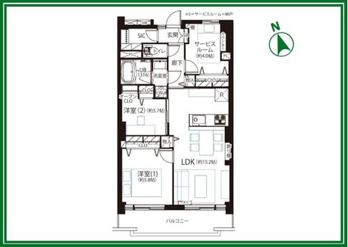 ◆加賀マンションの間取り|2LDK+S（納戸）、価格4799万円、専有面積57.66m2、バルコニー面積6.89m2