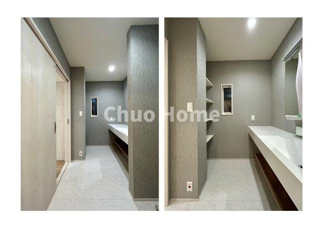 江戸川区北小岩6丁目新築分譲住宅の脱衣所|【洗面所】明るい洗面所は朝をすっきりさせてくれる空間です。バタバタしている忙しい朝でも収納が多い洗面台では短い時間で効率良く支度ができます。