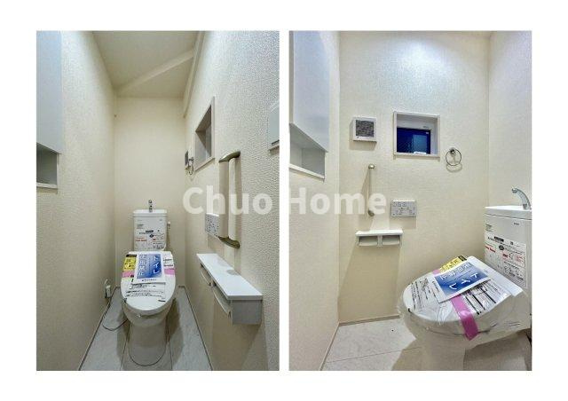 江戸川区北小岩6丁目新築分譲住宅のトイレ|【トイレ×2】 収納スペースをしっかりと確保した温水洗浄便座機能付きトイレ。温水洗浄便座は清潔にお使いいただくための大切なアイテムです。