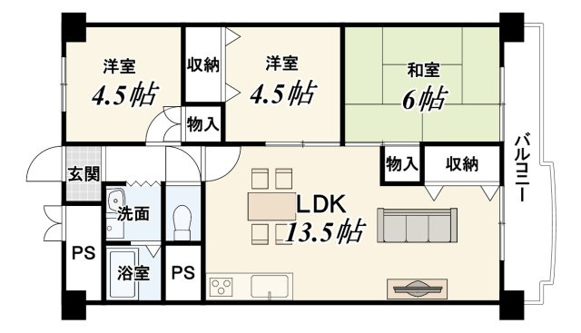 【ReDream】向島ニュータウン第3街区C棟の間取り|3LDK、価格1699万円、専有面積64.5m2、バルコニー面積10.85m2