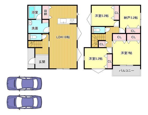 橿原市第1新賀町　全1棟の間取り|3LDK＋納戸　土地面積：159.66㎡　建物面積：102.67㎡　駐車スペース2台