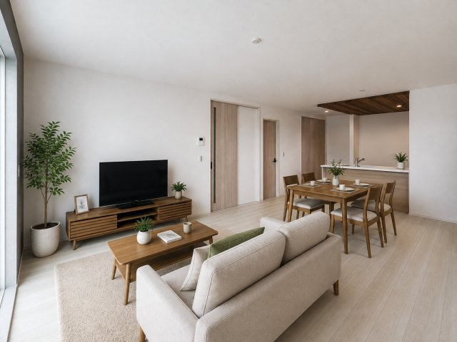 橿原市第1新賀町　全1棟の居間・リビング|LDK18帖（画像の家具はAIによって作成したものです）