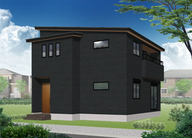 【外観パース】 | 深阪１丁　新築戸建 | 屋根：ブラック　破風：ラフティブラック　軒天：木目調ライト